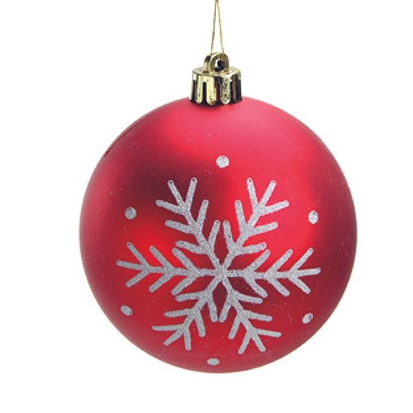 Bola Lisa com Floco de Neve Vermelho Branco 8cm - Jogo com 6 Peças
