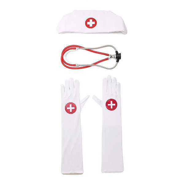 Kit Enfermeira Branco e Vermelho - Kit com 4 Peças