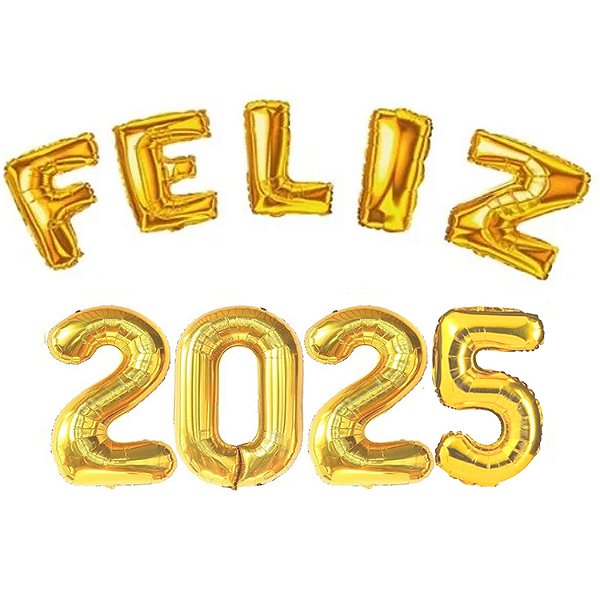 Kit Balão Metalizado Feliz 2025 Ouro 16" 32cm