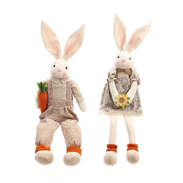 Casal Coelhos Decorativos Em Pé Com Cenoura e Flor (Mascavo) - 2 Un