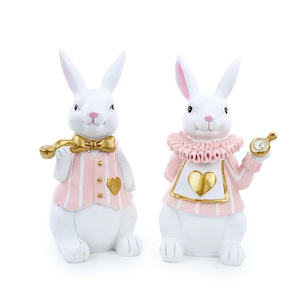 Casal Coelhos Decorativos Resina Branco e Rosa e Ouro (Petit Sweet) - 2 un