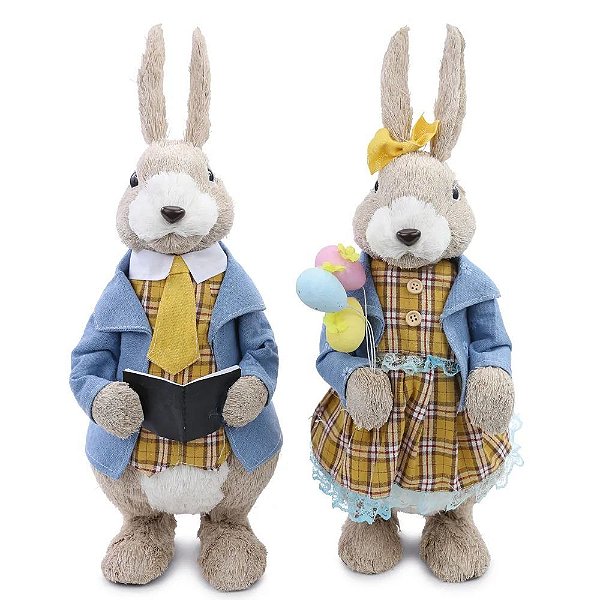 Casal Coelhos Decorativos com Acessório Marrom e Amarelo e Azul (Ibiza) - 2 Un