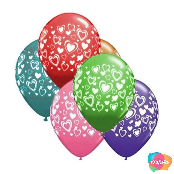 Balão Qualatex 11" - Qx Party Balloon Estampado - Mix De Corações - 6 Un