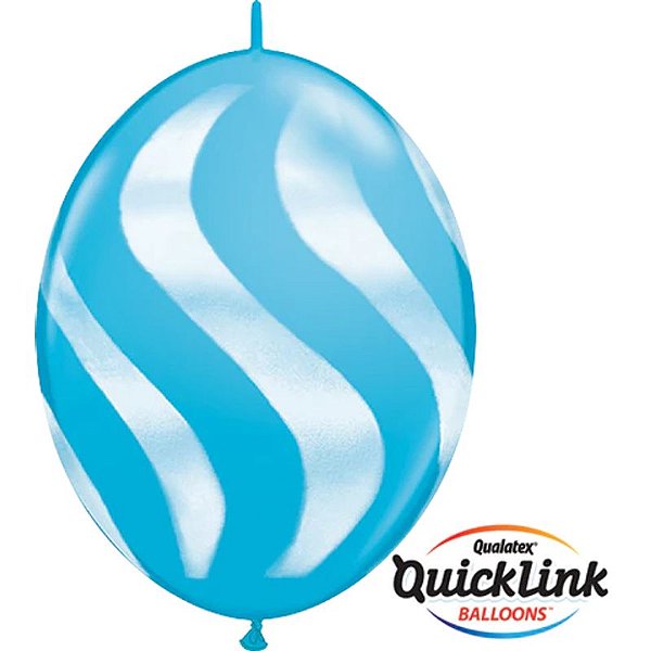 Balão Qualatex 12" - Q-Link Azul Casca De Ovo - Listras Onduladas Brancas - 50 Un
