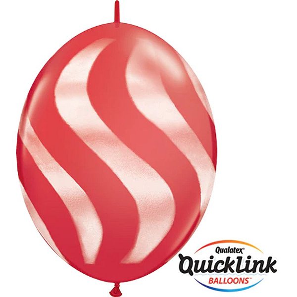 Balão Qualatex 12" - Q-Link Vermeho - Listras Onduladas Brancas - 50 Un
