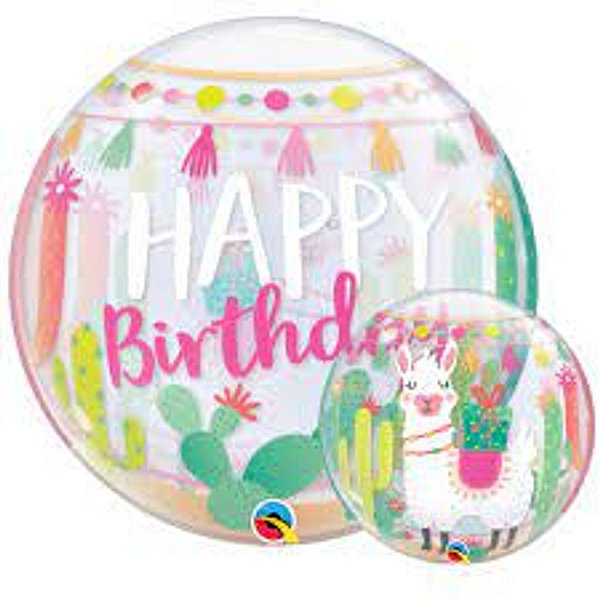 Balão Qualatex 22" - Bubble Simples - Happy Birthday-Lhama - 1 Un