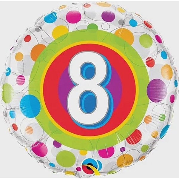 Balão Qualatex 18" - Redondo - 8 Anos Bolinhas Coloridas - 1 Un