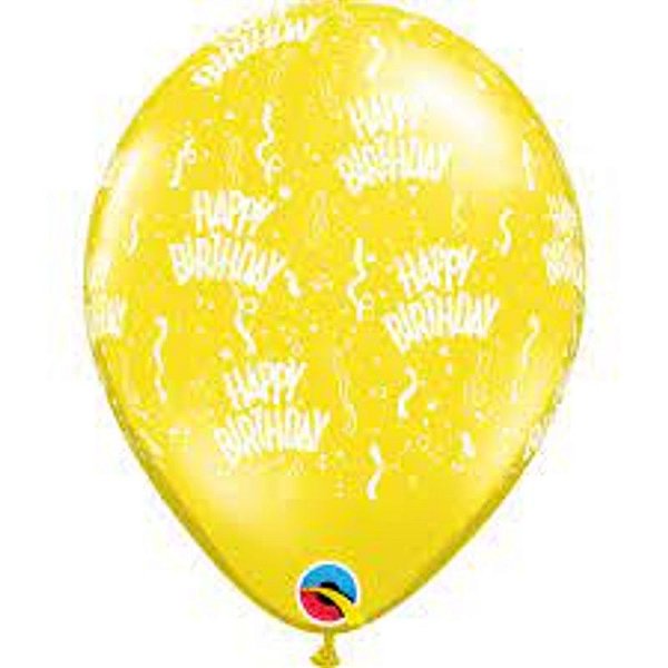 Balão Qualatex 11" - Redondo Amarelo Citrico - Happy Birthday - 50 Un