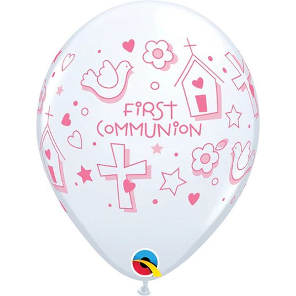 Balão Qualatex 11" - Redondo Branco - First Communion-Símbolos - 50 Un