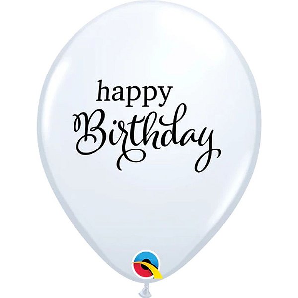 Balão Qualatex 11" - Redondo Branco - Happy Birthday - 50 Un