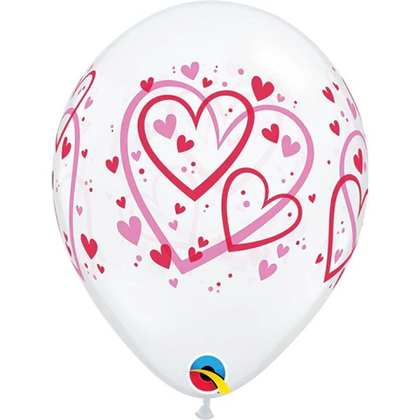 Balão Qualatex 11" - Transparente - Modelo Corações-Vermelho E Rosa - 50 Un