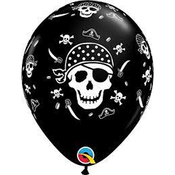 Balão Qualatex 11" - Redondo Preto Onix - Caveira De Pirata E Ossos - 50 Un