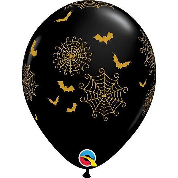 Balão Qualatex 11" - Redondo Preto Onix - Teias De Aranha E Morcegos - 50 Un