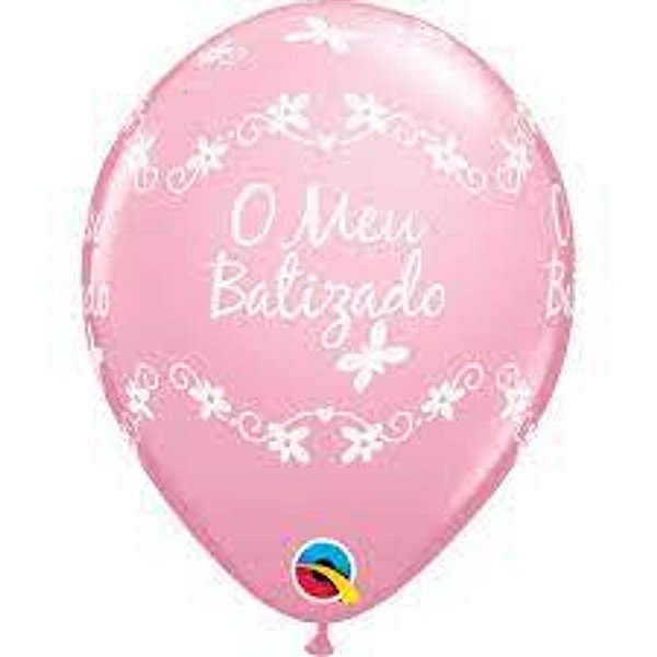 Balão Qualatex 11" - Redondo Rosa - O Meu Bautizado-Borboleta - 50 Un