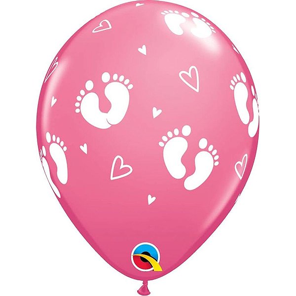 Balão Qualatex 11" - Redondo Rosa Mex - Pegadas De Bebê E Corações - 50 Un