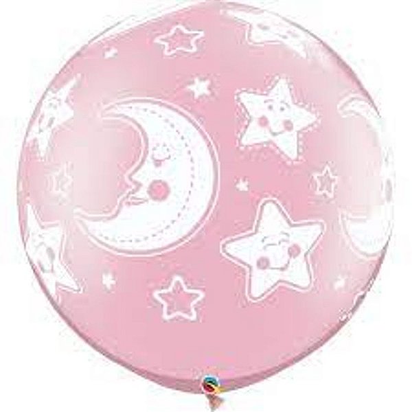 Balão Qualatex 30" - Redondo Rosa Perolado - Lua E Estrelas Bebês A-R - 2 Un