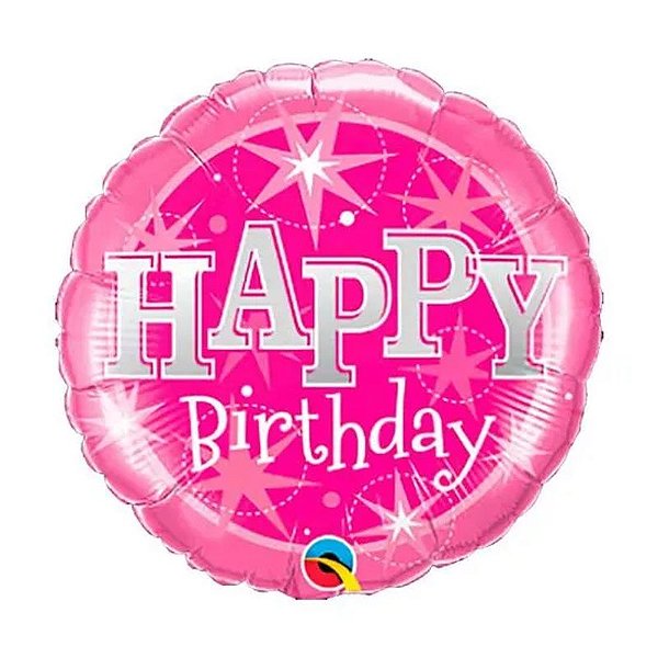 Balão Qualatex 09" - Redondo Solto - Birthday-Rosa Com Brilho - 1 Un