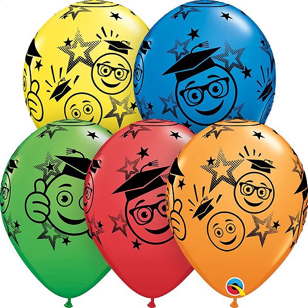 Balão Qualatex 11" - Redondo Sortido Especial - Rostos De Sorriso E Formutura - 50 Un