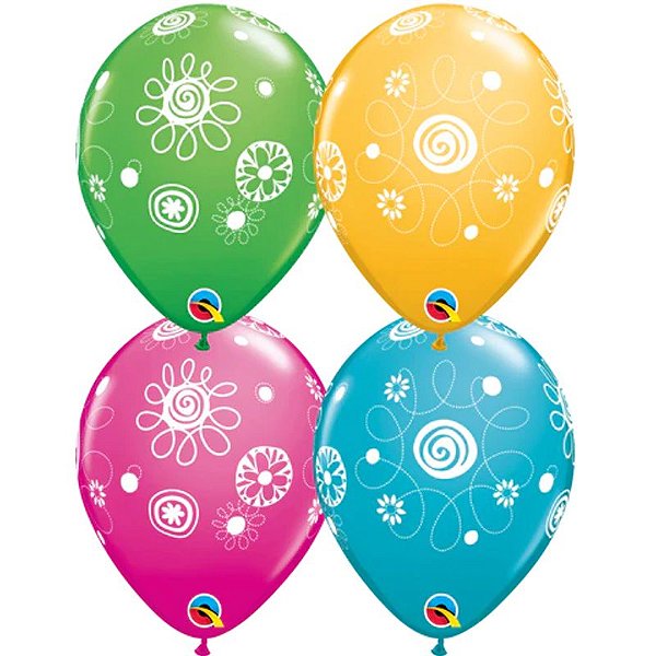 Balão Qualatex 11" - Redondo Sortido Especial - Círculos De Rabiscos E Flores - 50 Un