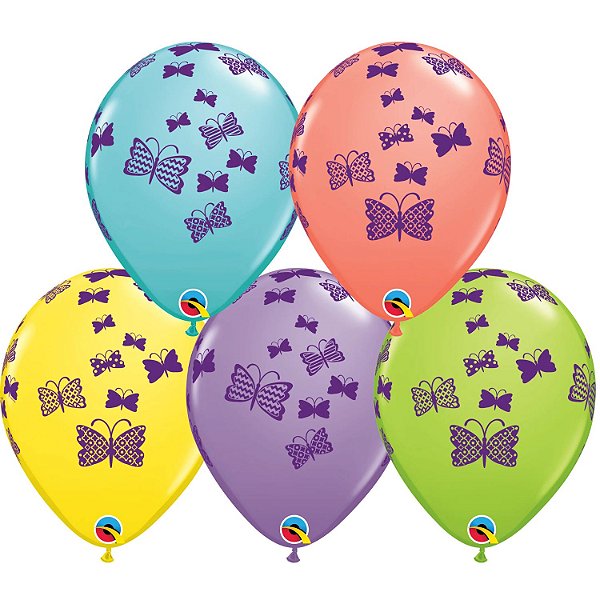 Balão Qualatex 11" - Redondo Sortido Sorvete - Estampa De Borboletas Subindo - 50 Un