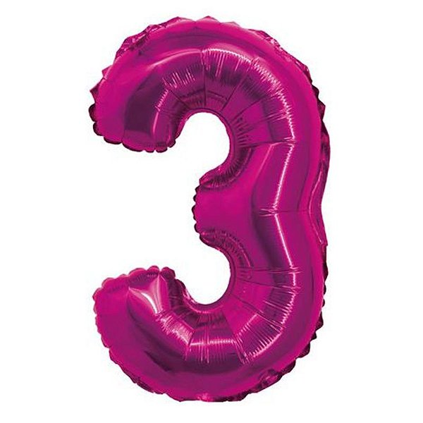 Balão Metalizado com Canudo 16" Rosa Número 3 - Silver Plastic - 1 Unidade