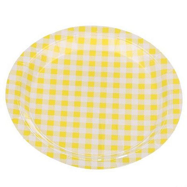 Prato de Papel Junino Xadrez 18cm Amarelo - 10 Un