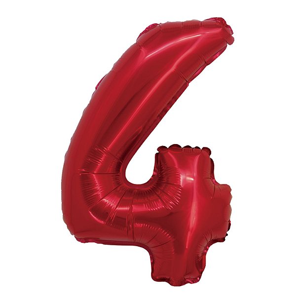 Balão Metalizado com Canudo 16" Vermelho Número 4 - Silver Plastic - 1 Unidade