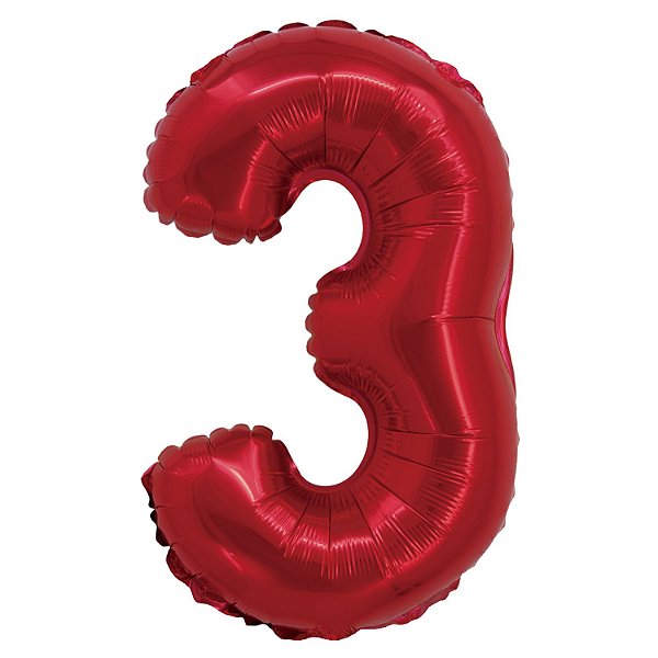 Balão Metalizado com Canudo 16" Vermelho Número 3 - Silver Plastic - 1 Unidade