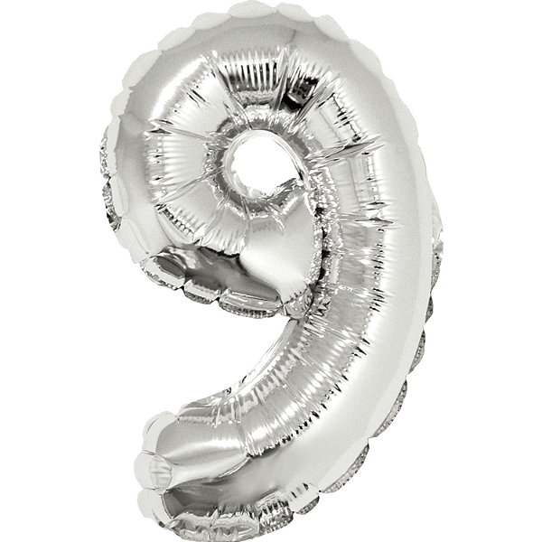 Balão Metalizado com Canudo 16" Prateado Número 9 - Silver Plastic - 1 Un