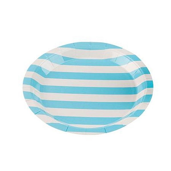 Prato de Papel Listrado 18cm Azul Bebê - 10 Un