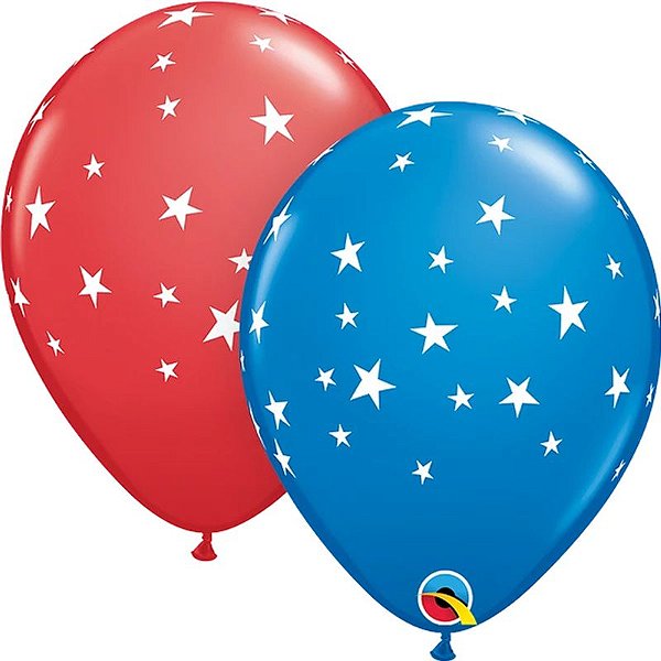 Balão Qualatex 11" Redondo Estrelas Contemporaneas Azul e Vermelho - 50 Un