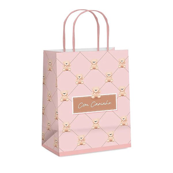 Sacola de Papel Ursinho Botone Rosa M 26x19,5x9,5cm - 10 Un