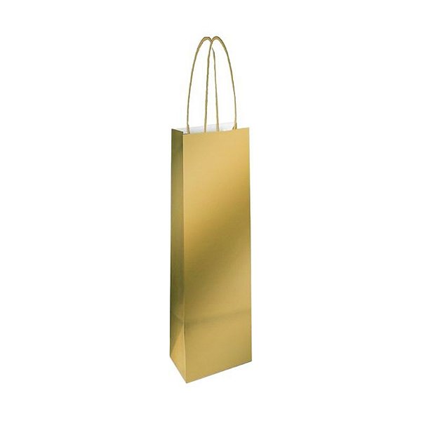 Sacola de Papel Laminado Metal Ouro Fosco Garrafa 35x13x8cm - 10 Un