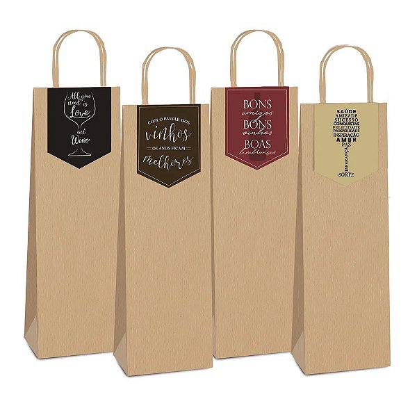 Sacola de Papel com Fechamento Wine Garrafa 35x13x8cm - 10 Un