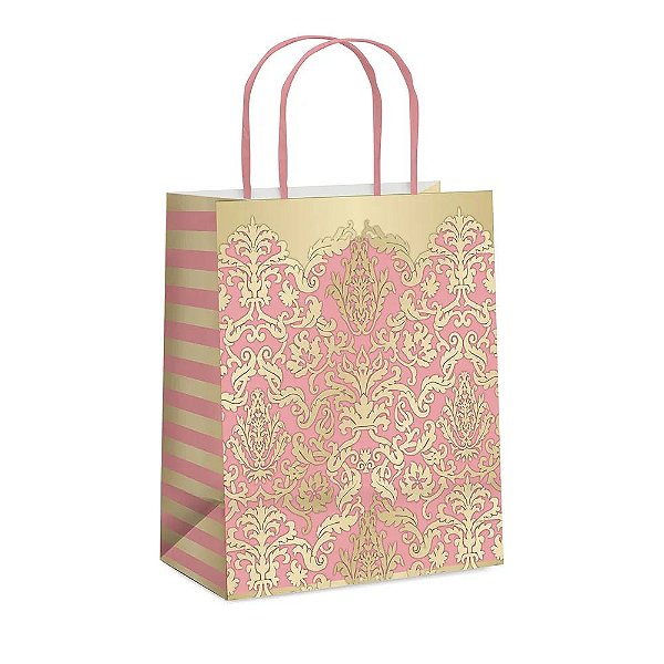 Sacola de Papel Adamascado Rosa M 19,5x9,5x26cm - 10 Un