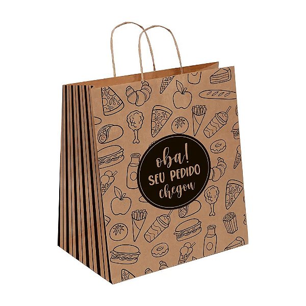 Sacola de Papel Delivery Oba! Seu Pedido Chegou M 28,5x24x12cm - 50 Un