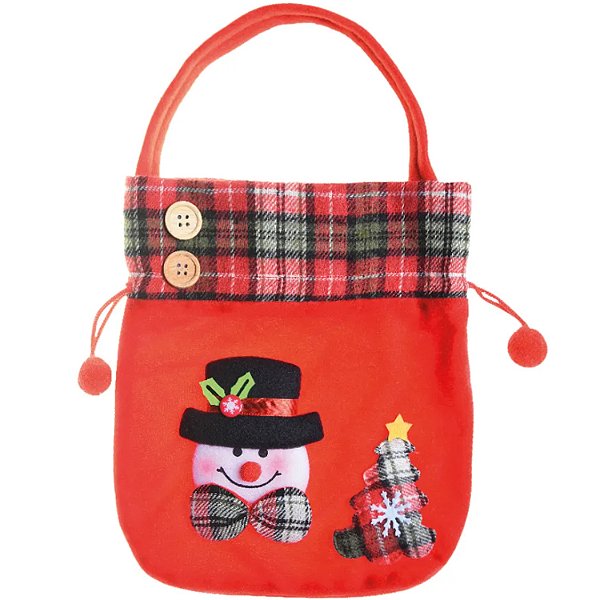 Sacola de Tecido Natalina 25x30cm Boneco de Neve Vermelho - 12 Un