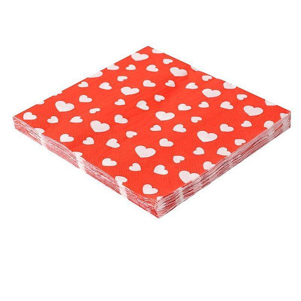 Guardanapo Folha Dupla 32x32cm Vermelho com Corações - 20 Un
