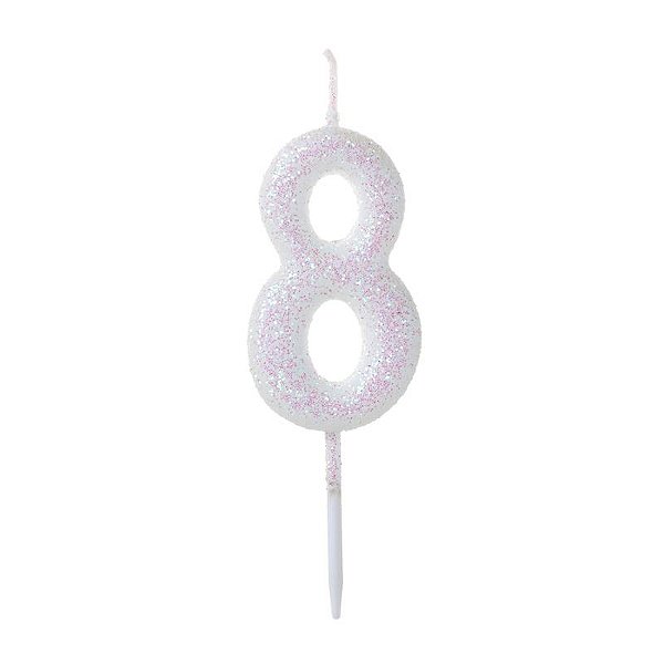 Vela Pequena Glitter Branca Número 8 - 1 Un