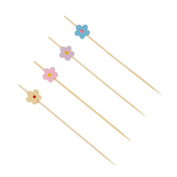 Palito em Bambu Para Petiscos 12cm Margaridas Coloridas - 20 Un