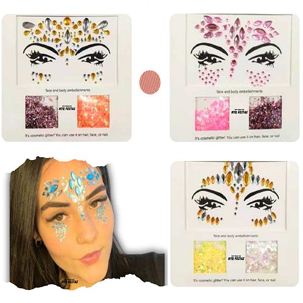 Adesivo Facial Sortido Pedras e Glitter Para Carnaval - 1 Cartela