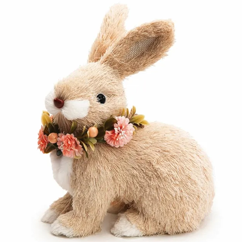 Coelho Decorativo de Palha Sentado com Flores Pescoço Brisa 20cm - 1 Un