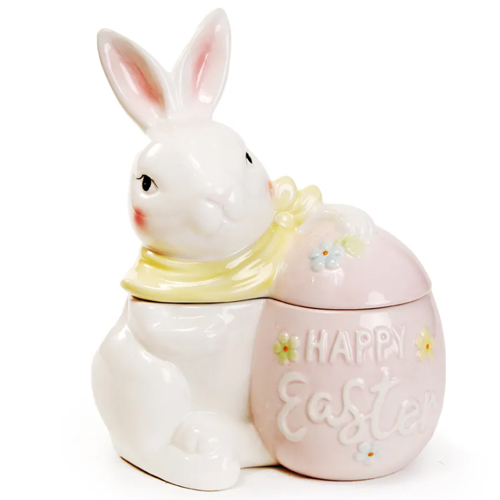 Coelho Decorativo de Cerâmica com Tampa Branco e Rosa 22x18x10,5cm - 1 Un