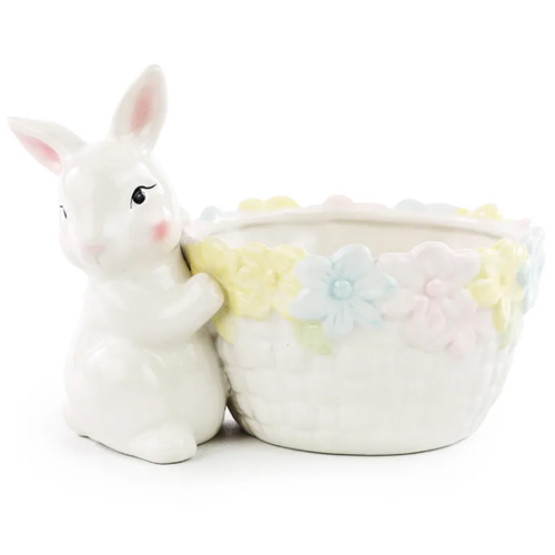 Coelho Decorativo de Cerâmica Cesta Florida 13,5x18,5x13cm - 1 Un