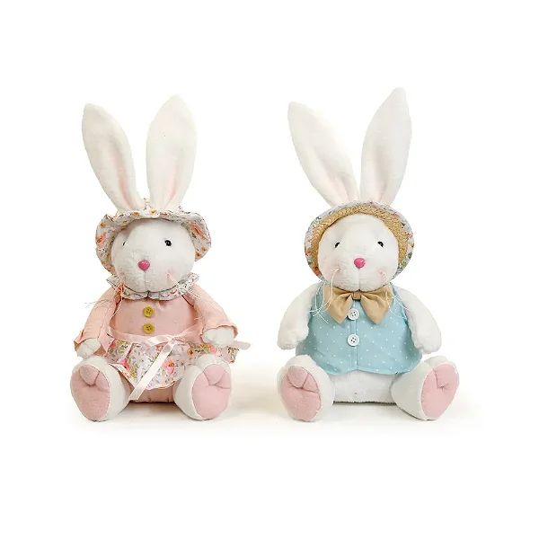 Coelho Decorativo de Tecido Sentado com Chapéu Chiclete 37cm - 2 Un