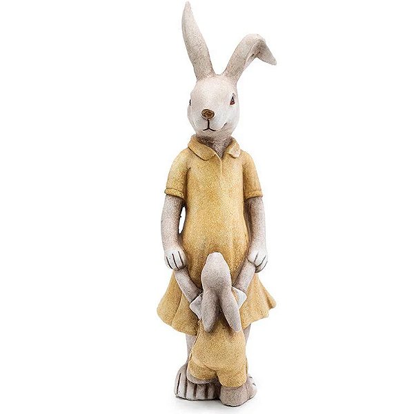 Coelho Decorativo de Resina com Vestido e Filhote Amarelo e Bege - 1 Un