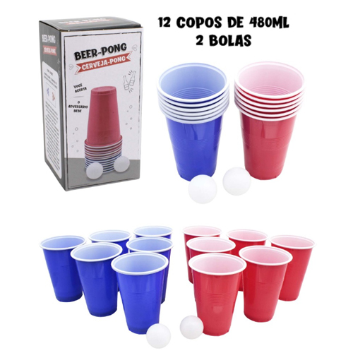 Kit Jogo de Beer Pong para Festa - Kit com 12 Copos e 2 Bolinhas