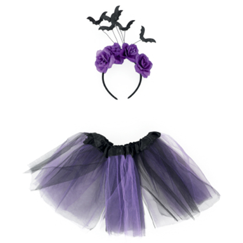 Kit Tutu Fantasia Halloween Infantil - Morcegos Roxo e Preto - 2 Peças