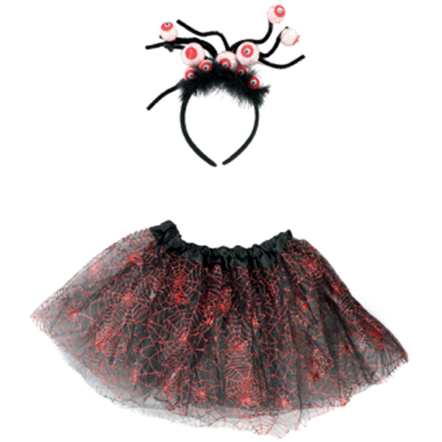 Kit Tutu Fantasia Halloween Infantil - Teia com Olhos Vermelho - 2 Peças