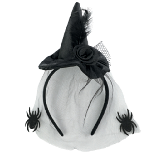 Tiara Chapéu de Bruxa com Véu e Aranhas - 1 Un